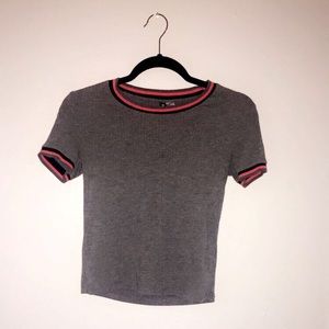CUTE GRAY TIGHT TEE WITH BLACK/ORANGE STRIPES!